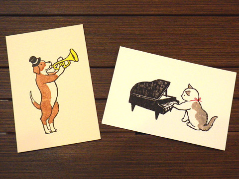 木版画カード　犬・子猫