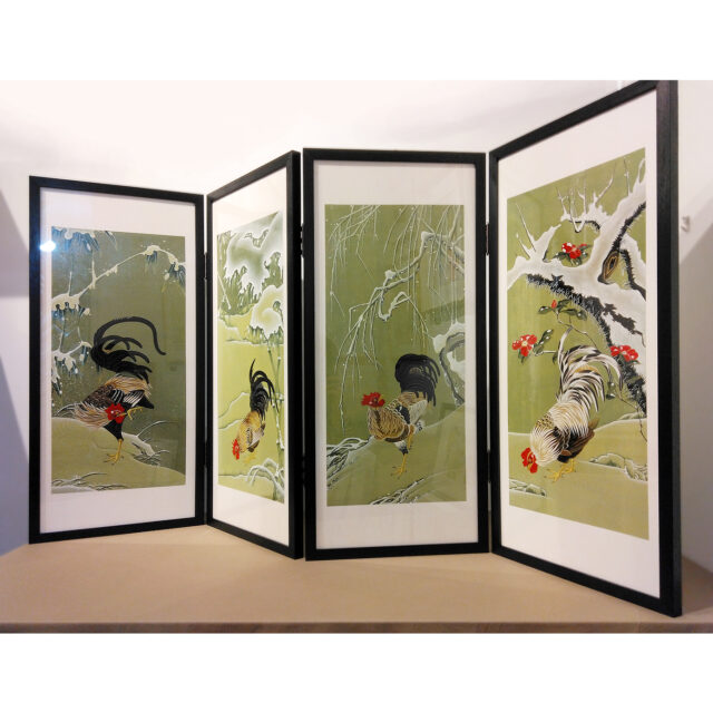 鶏の絵4点　屏風額装1