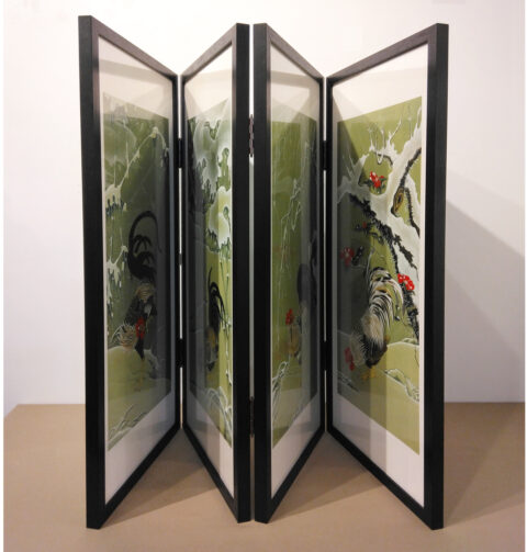 鶏の絵4点　屏風額装3